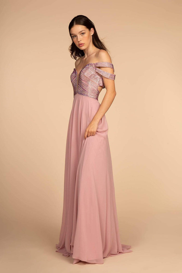 Elizabeth K - GL2527 Jeweled Bodice Plunging Off Shoulder Gown Special Occasion Dress XS / Mauve