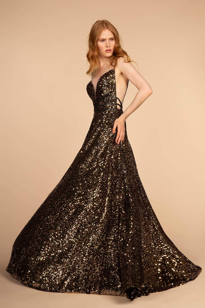 Elizabeth K - GL2581 Allover Sequin Sexy Open Back A-Line Gown Evening Dresses XS / Gold