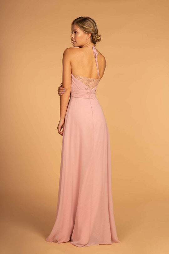 Elizabeth K - GL2606 Lace Pleated Halter Chiffon A-line Dress