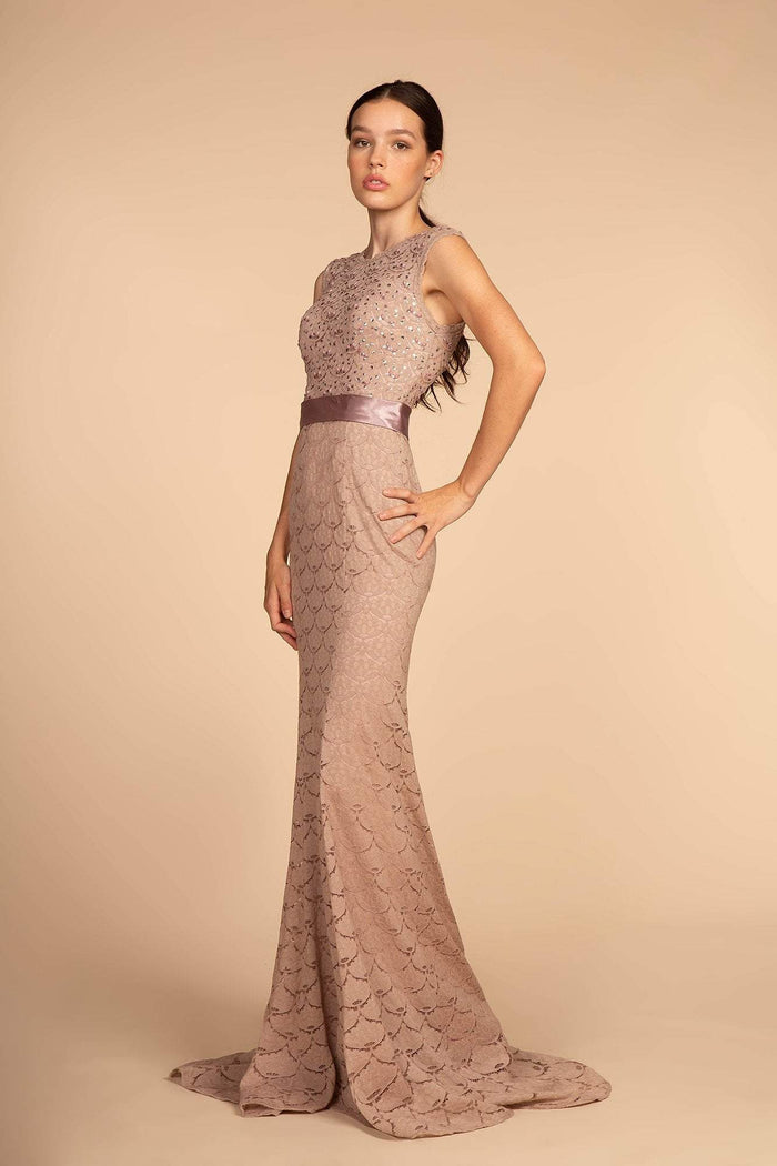 Elizabeth K - GL2613 Sequined Lace Jewel Neck Trumpet Dress Bridesmaid Dresses XS / Mauve