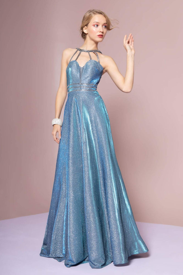Elizabeth K - GL2672 Glitter Crepe High Neck A-line Gown Prom Dresses XS / Blue