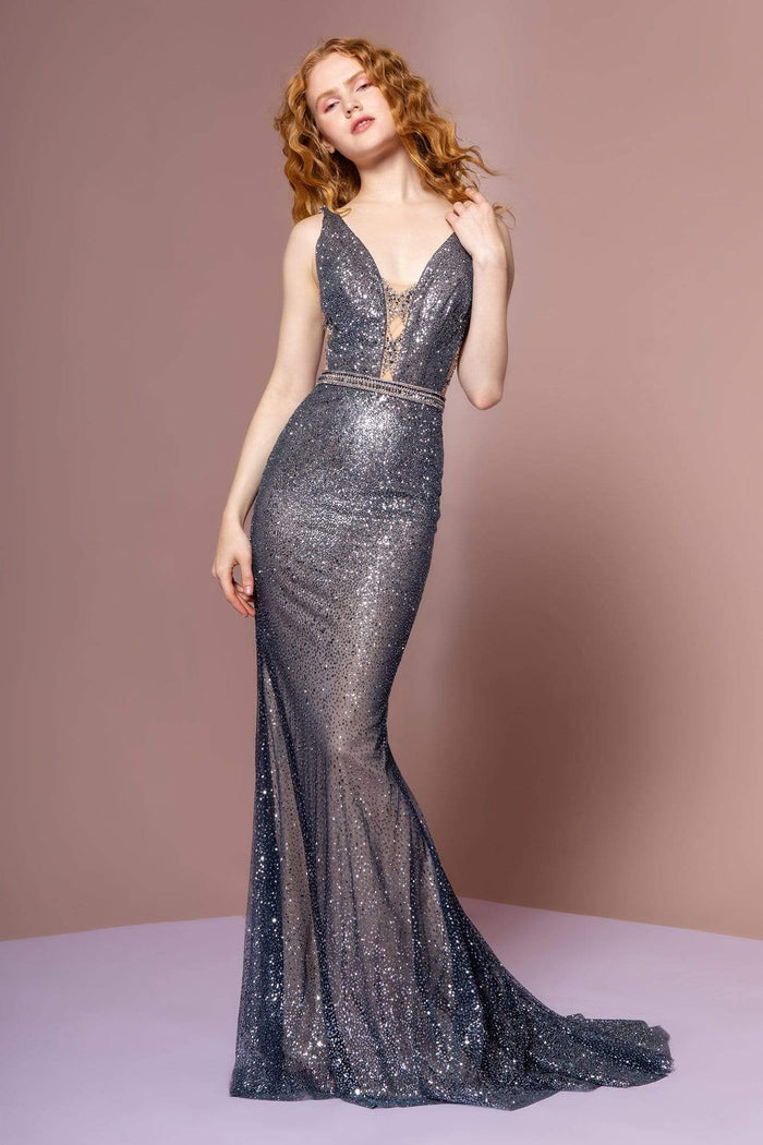 Elizabeth K - GL2678 Embellished Deep V-neck Mermaid Dress Evening Dresses XS / Charcoal
