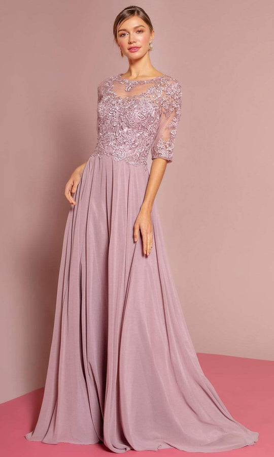 Elizabeth K - GL2681 Half Sleeve Embroidered Illusion Lace Gown Special Occasion Dress XS / Mauve