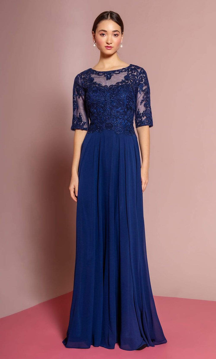 Elizabeth K - GL2681 Half Sleeve Embroidered Illusion Lace Gown Special Occasion Dress XS / Navy