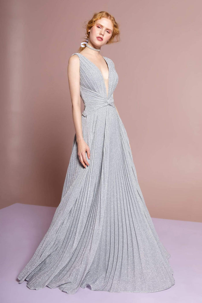 Elizabeth K - GL2687 Deep V-neck Pleated A-line Dress Evening Dresses XS / Silver