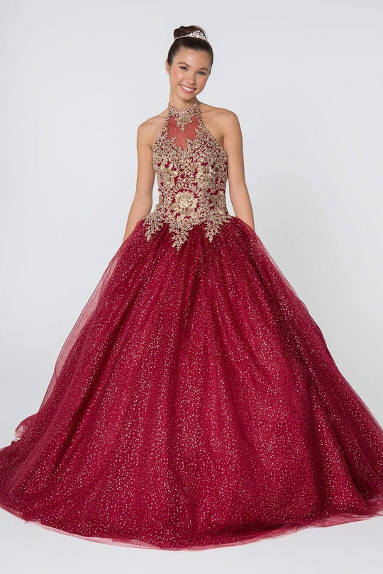 Elizabeth K - GL2805 Gilt Embroidered Halter Glitter Ballgown