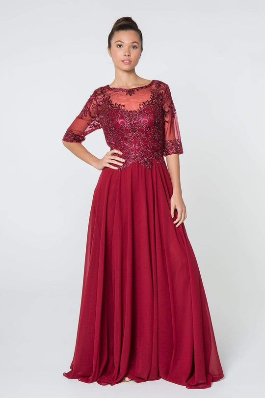 Elizabeth K - GL2812 Embroidered Illusion Bateau A-Line Dress Mother of the Bride Dresses XS / Burgundy
