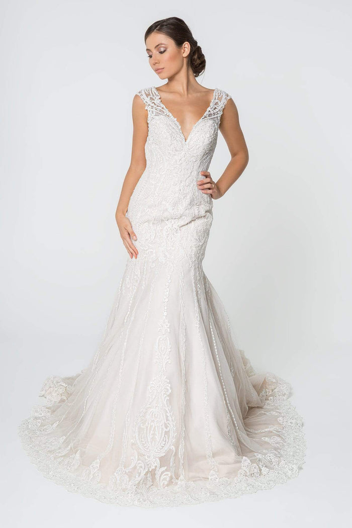 Elizabeth K - GL2821 Embellished Lace V-neck Trumpet Gown Wedding Dresses XS / Ivory/Cream