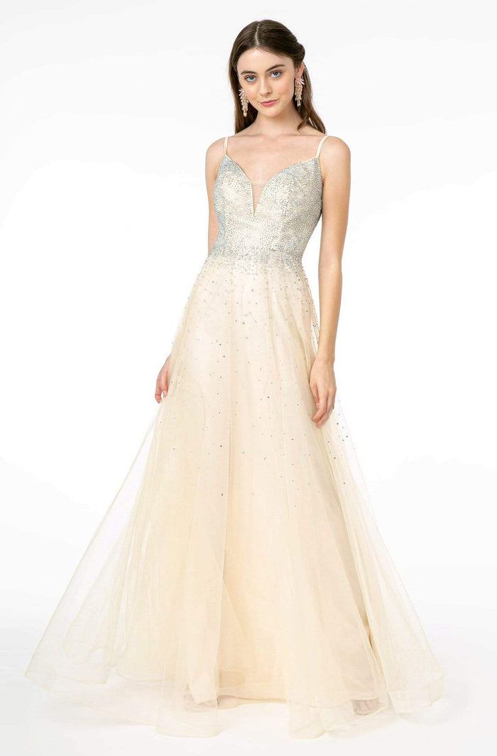 Elizabeth K - GL2891 Beaded Bodice Illusion Deep V-Neck Long Dress Prom Dresses XS / Champagne