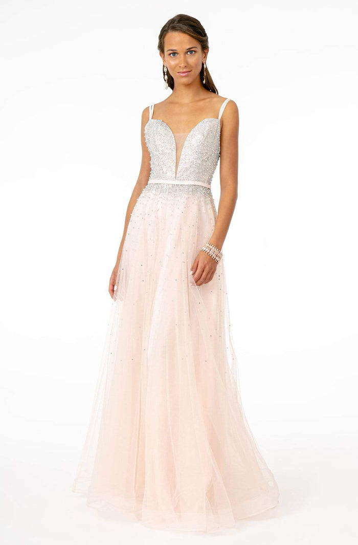 Elizabeth K - GL2892 Plunging Jewel-Studded A-Line Gown Prom Dresses XS / Blush