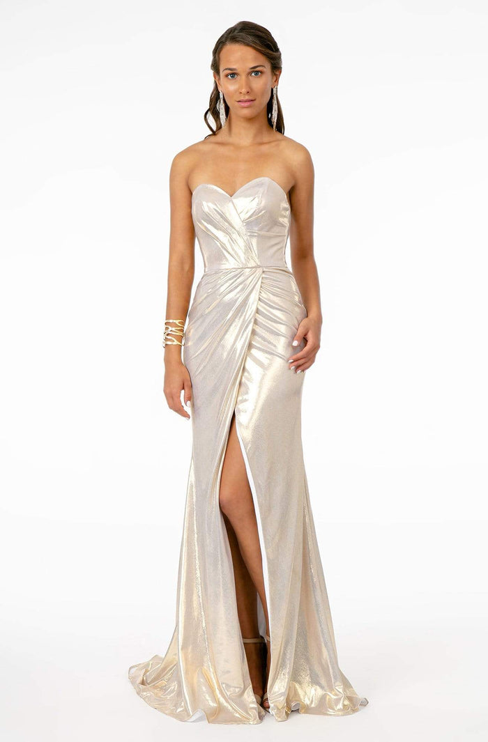 Elizabeth K - GL2894 Strapless Sweetheart High Slit Fitted Satin Gown Prom Dresses XS / Champagne