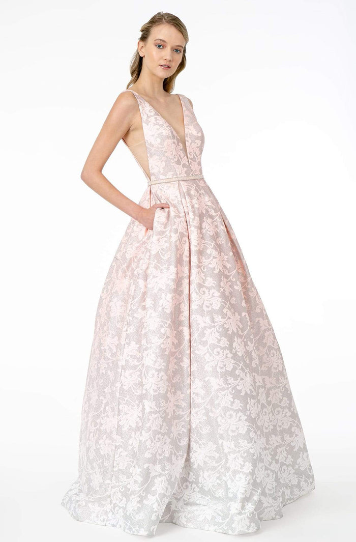Elizabeth K - GL2897 Plunging Jeweled Waist Jacquard Gown Prom Dresses XS / Blush