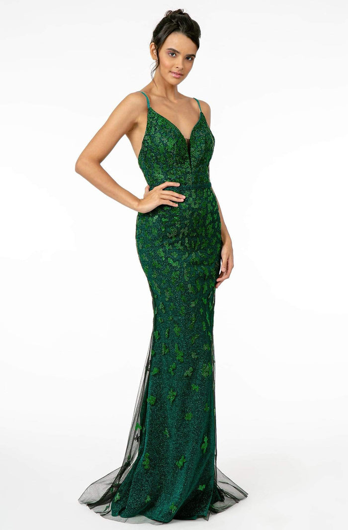 Elizabeth K - GL2917 Illusion Deep V-Neck Glitter Mesh Long Gown Evening Dresses XS / Green