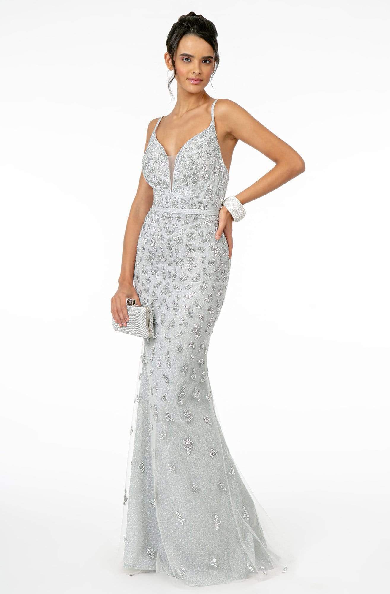 Elizabeth K - GL2917 Illusion Deep V-Neck Glitter Mesh Long Gown ...