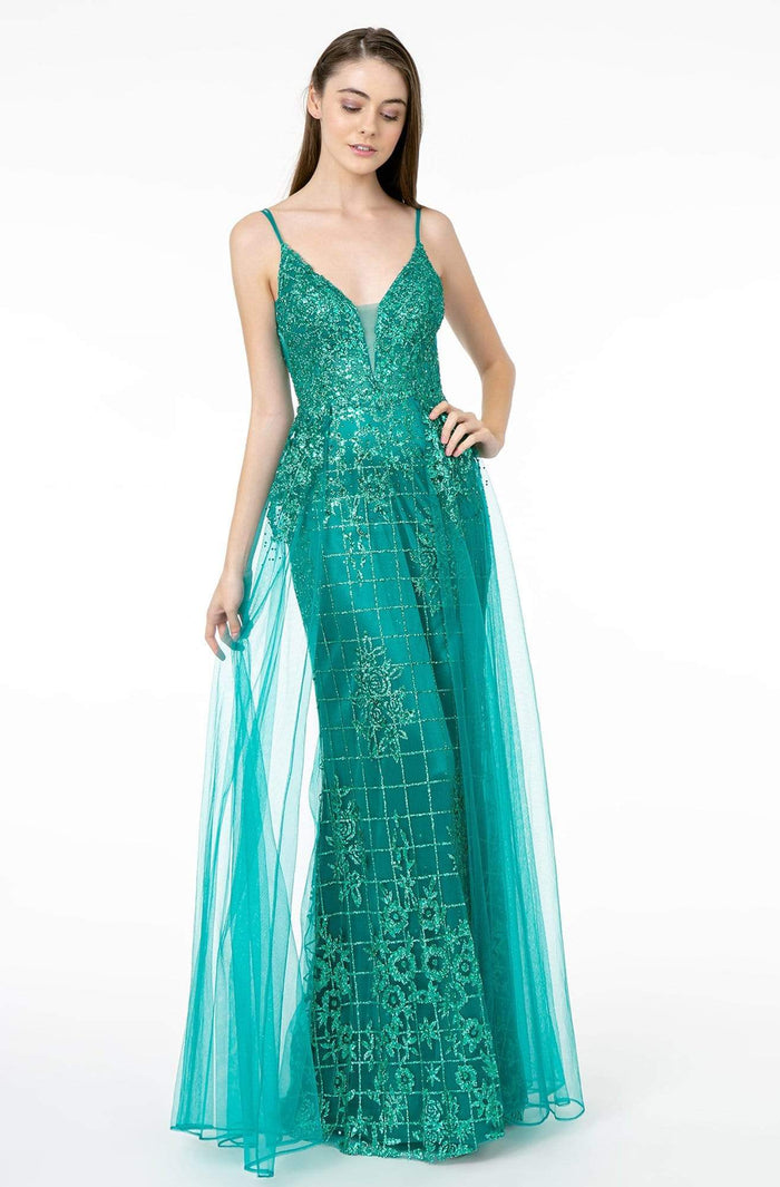 Elizabeth K - GL2924 Illusion Deep V-Neck Glitter Mesh Mermaid Gown Prom Dresses XS / Green