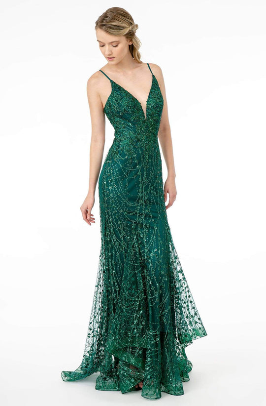 Elizabeth K - GL2938 Glitter Plunging V-Neck Mermaid Dress