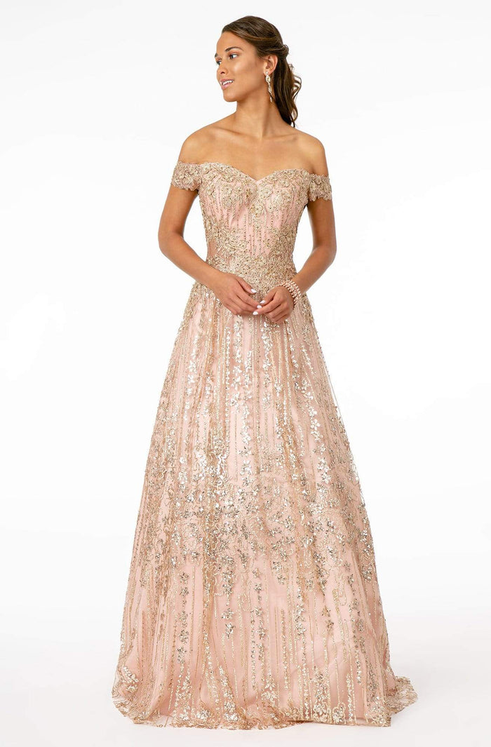 Elizabeth K - GL2941 Embroidered Off-Shoulder A-Line Gown Evening Dresses XS / Rose Gold