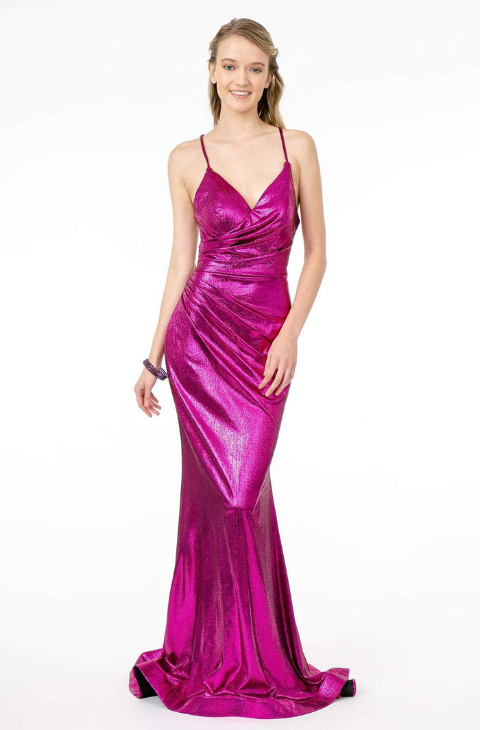 Elizabeth K - GL2943 Plunging V-Neck Ruched Trumpet Dress Evening Dresses XS / Fuchsia