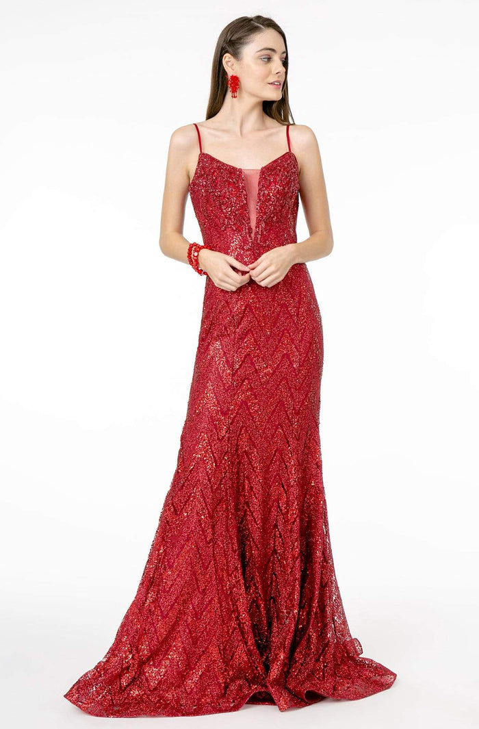 Elizabeth K - GL2950 Sequined Deep V-Neck Trumpet Dress Prom Dresses XS / Burgundy