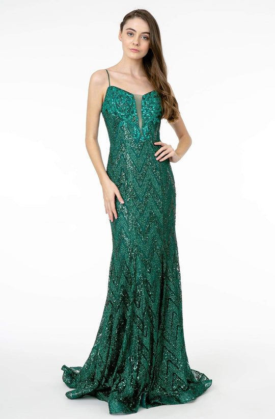 Elizabeth K - GL2950 Sequined Deep V-Neck Trumpet Dress