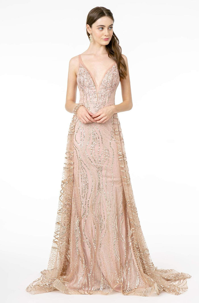 Elizabeth K - GL2955 Sequined Deep V-Neck A-Line Gown Prom Dresses XS / D/Rose