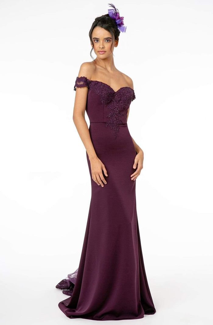 Elizabeth K - GL2958 Beaded Lace Appliqued Off Shoulder Jersey Gown Evening Dresses XS / Eggplant
