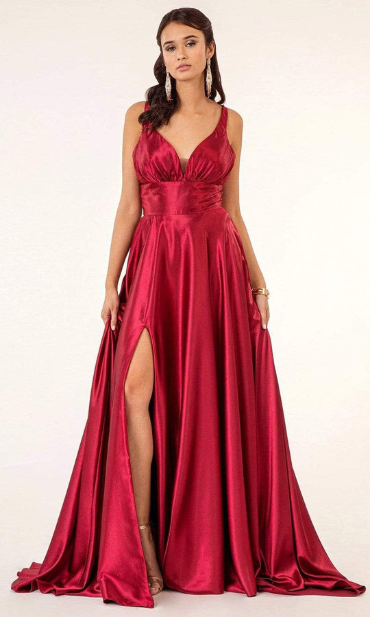 Elizabeth K - GL2963 Deep V-Neck Satin A-Line Dress with Slit