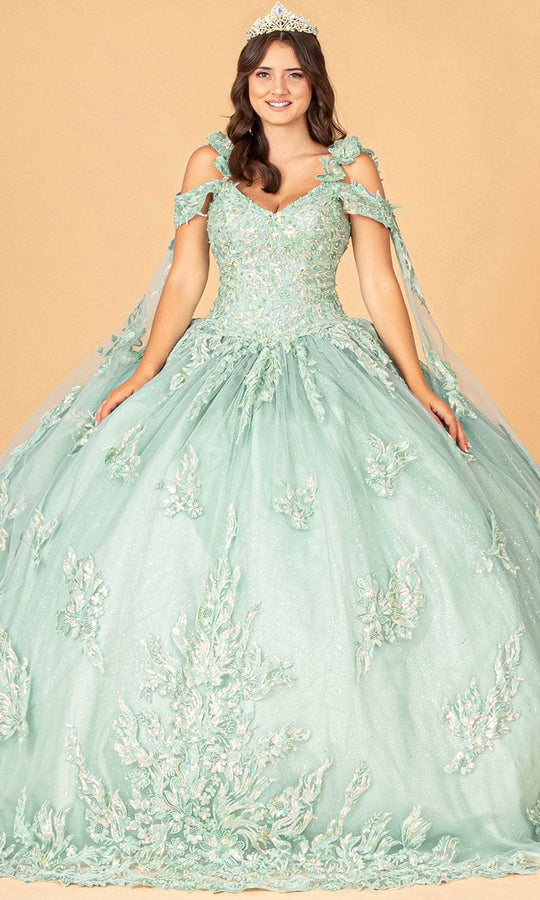 Elizabeth K GL3099 - Cold-Shoulder Draped Sleeve Ballgown