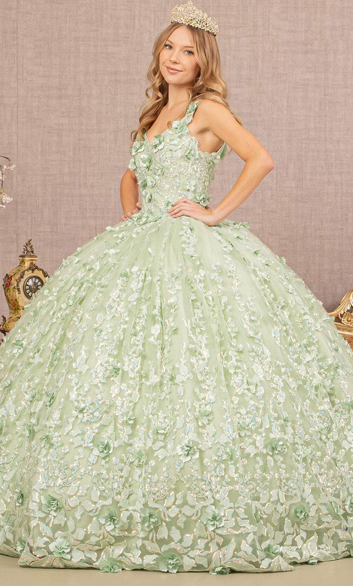 Elizabeth K GL3173 - Floral Detailed Sleeveless Ballgown Special Occasion Dress XS / Sage