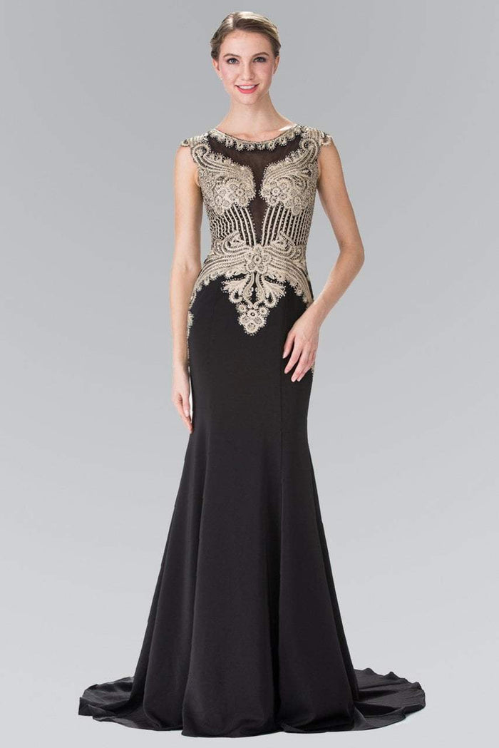 Elizabeth K - Gold Toned Embroidered Beaded Bodice Gown GL1461 Evening Dressses XS / Black