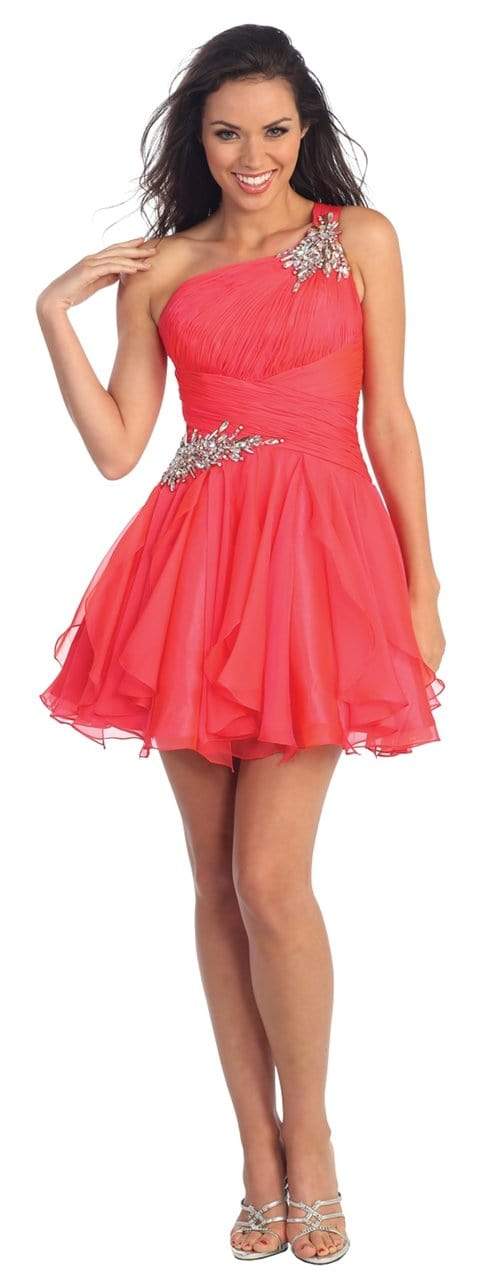 Elizabeth K - GS1037 Jeweled One Shoulder Short Ruffled Dress Homecoming Dresses XS / Fuchsia