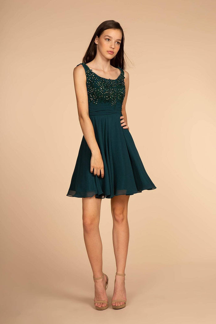Elizabeth K - GS1612 Embroidered Pleated Waist Cocktail Dress Special Occasion Dress XS / Teal