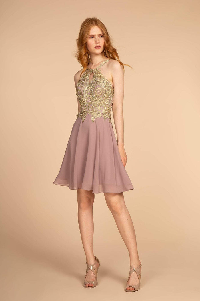 Elizabeth K - GS1615 Gilt-Embroidered High Halter Chiffon Dress Special Occasion Dress XS / Mauve