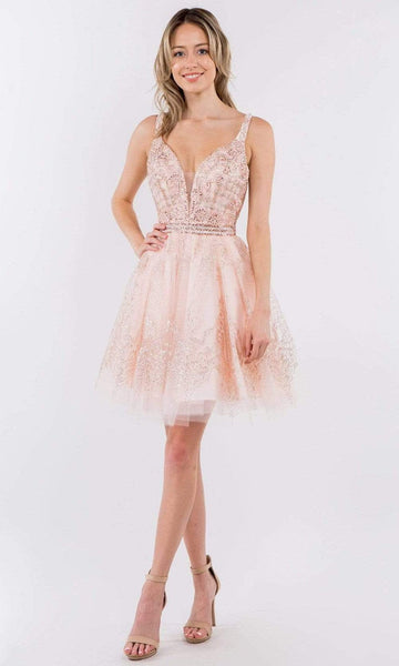 Elizabeth K - GS1965 Jeweled Waist Glitter A-Line Dress L / Blush