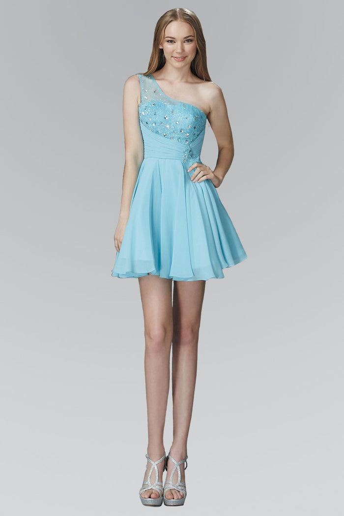 Elizabeth K - GS2020 Beaded Asymmetric Neck Chiffon Dress Special Occasion Dress XS / Blue