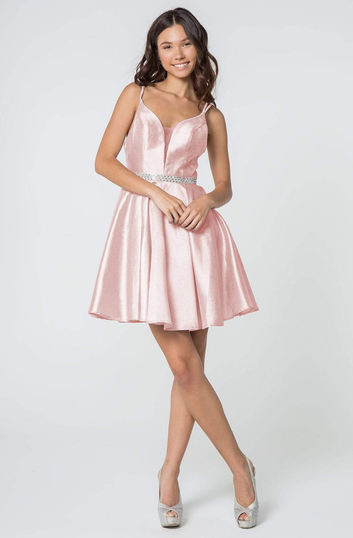 Elizabeth K - GS2843 A-Line Satin Cocktail Dress With Beaded Waistband Homecoming Dresses XS / Blush