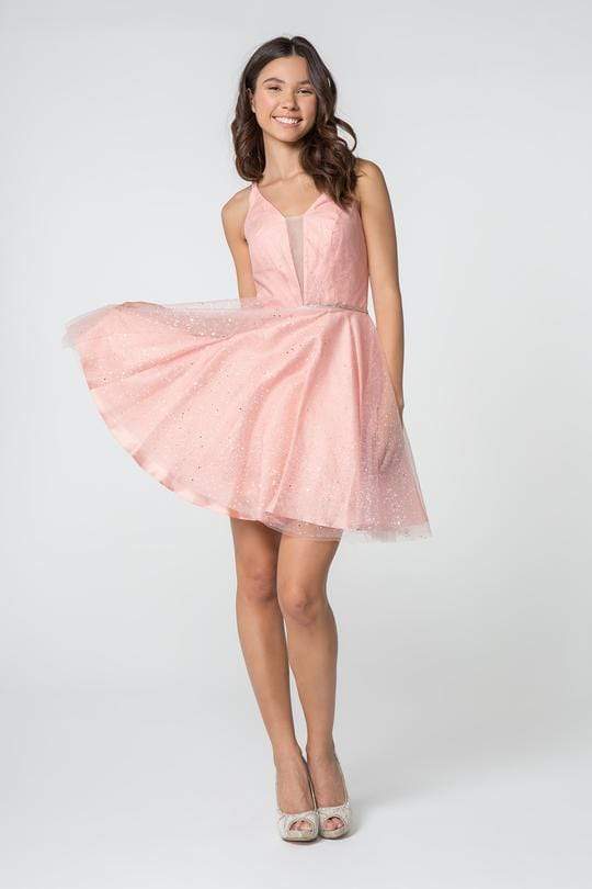 Elizabeth K - GS2865 Glitter Overlaid Plunging Bodice Short Dress