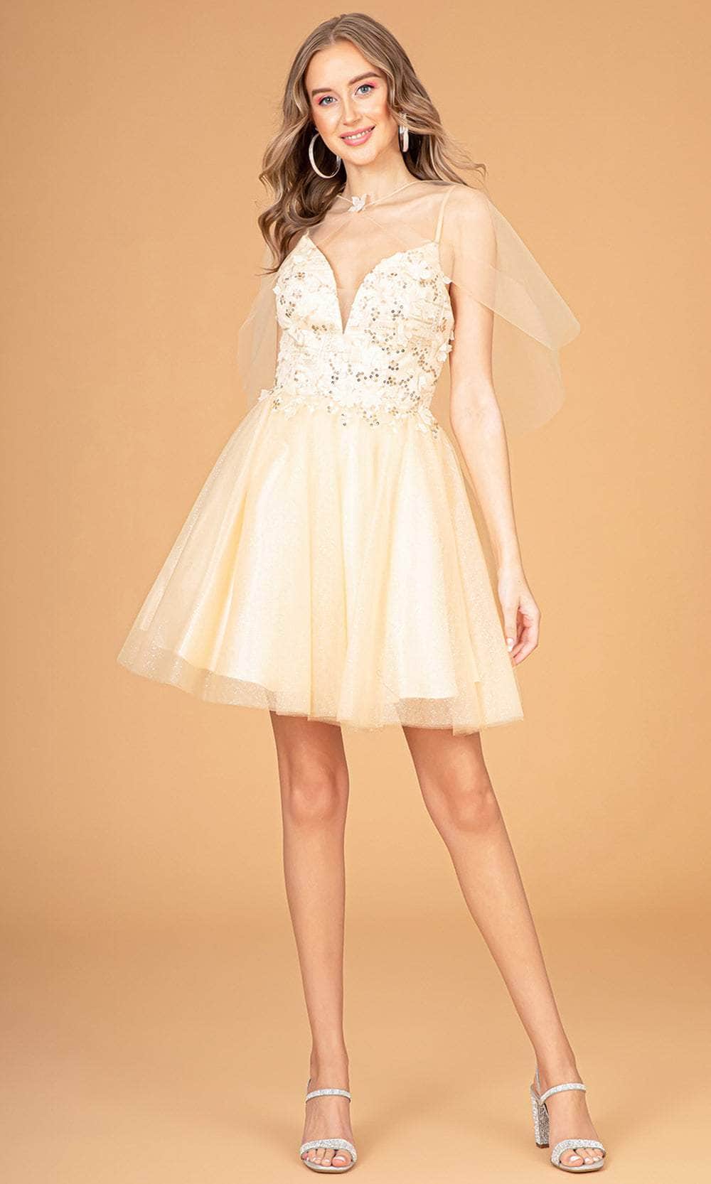 Elizabeth K GS3089 - Sheer Mini Cape Cocktail Dress – Couture Candy