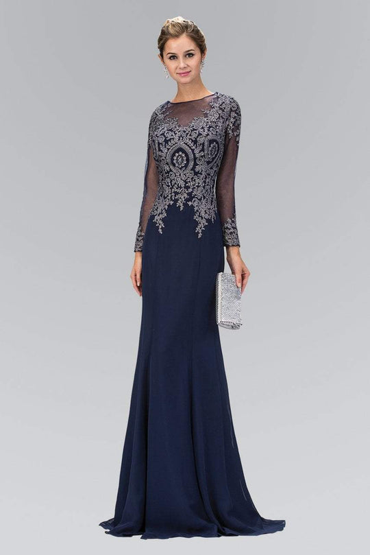 Elizabeth K Illusion Long Sleeve Metallic Lace Gown - 1 pc Navy In Size L Available CCSALE L / Navy