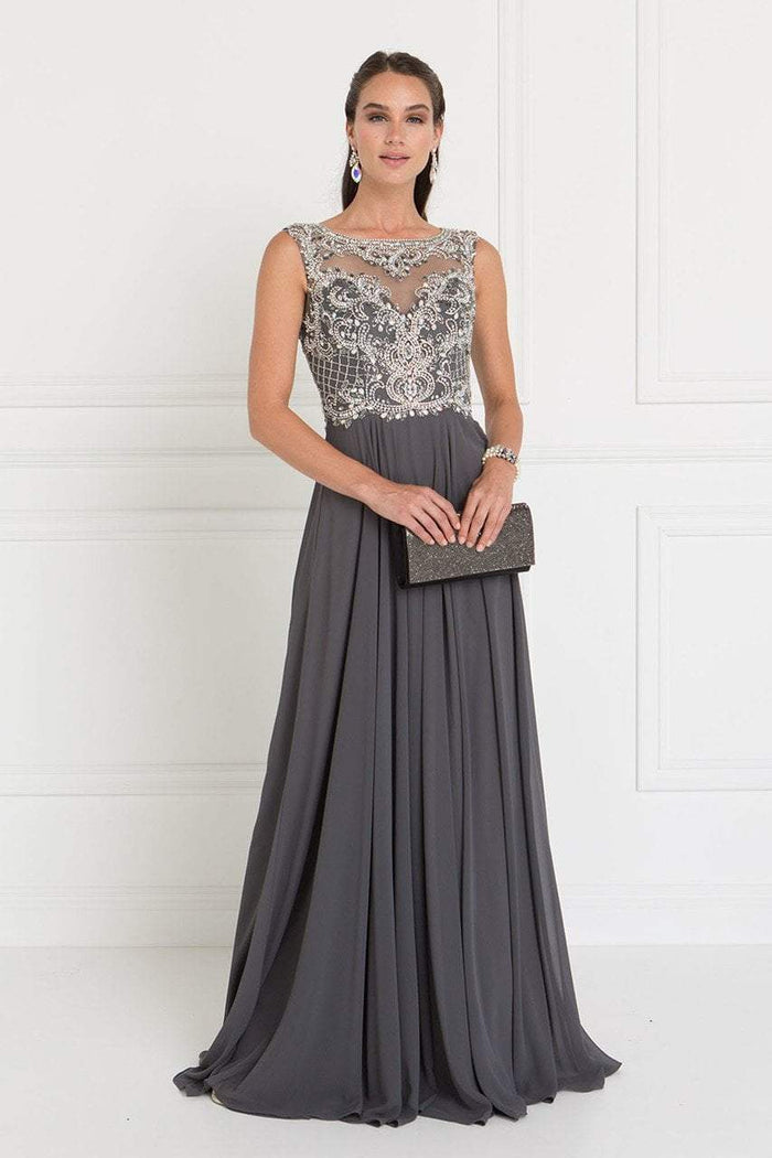 Elizabeth K Jeweled Illusion Bateau Chiffon A-line Gown GL1565 - 1 pc Charcoal in Size L Available CCSALE S / Charcoal