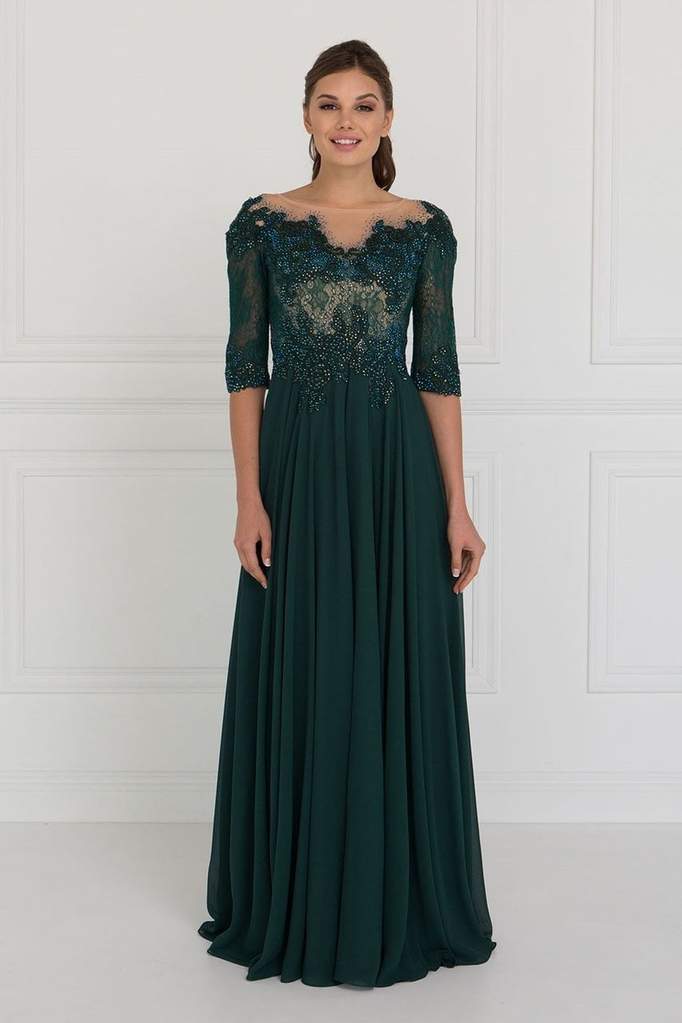 Elizabeth K Quarter Sleeve Jewel Adorned Illusion Lace Gown GL1528 CCSALE L / Green