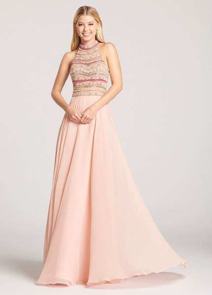 Ellie Wilde - Beaded High Halter Chiffon A-line Dress EW118155 - 1 pc Blush In Size 2 Available CCSALE 2 / Blush