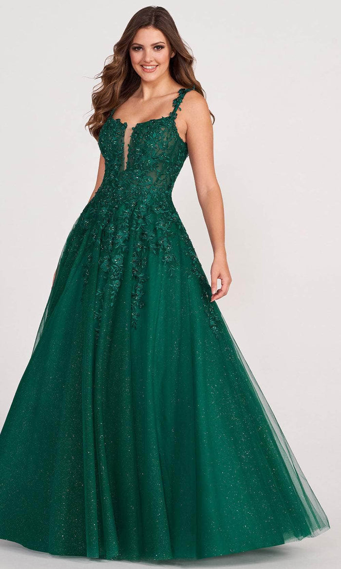 Ellie Wilde EW120014 - Applique Tulle A-Line Prom Dress Prom Dresses 00 / Emerald