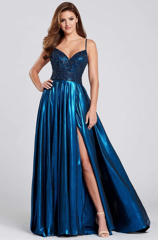 Ellie Wilde - EW120107 Beaded Plunging V-neck A-line Gown
