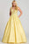 Ellie Wilde - EW120115 Bedazzled Deep V-neck Satin A-line Gown Prom Dresses 00 / Light Yellow