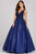 Ellie Wilde - EW120115LS V-Neck Lace Appliques Satin A-Line Dress Prom Dresses 22 / Navy Blue