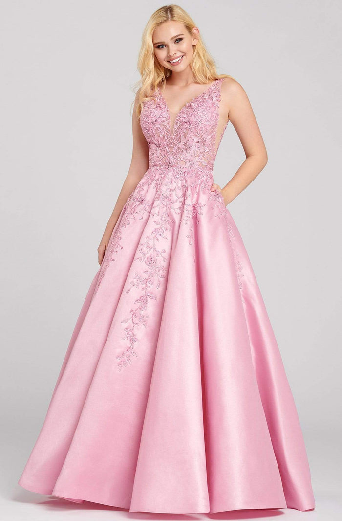 Ellie Wilde - EW120115LS V-Neck Lace Appliques Satin A-Line Dress Prom Dresses 22 / Pink