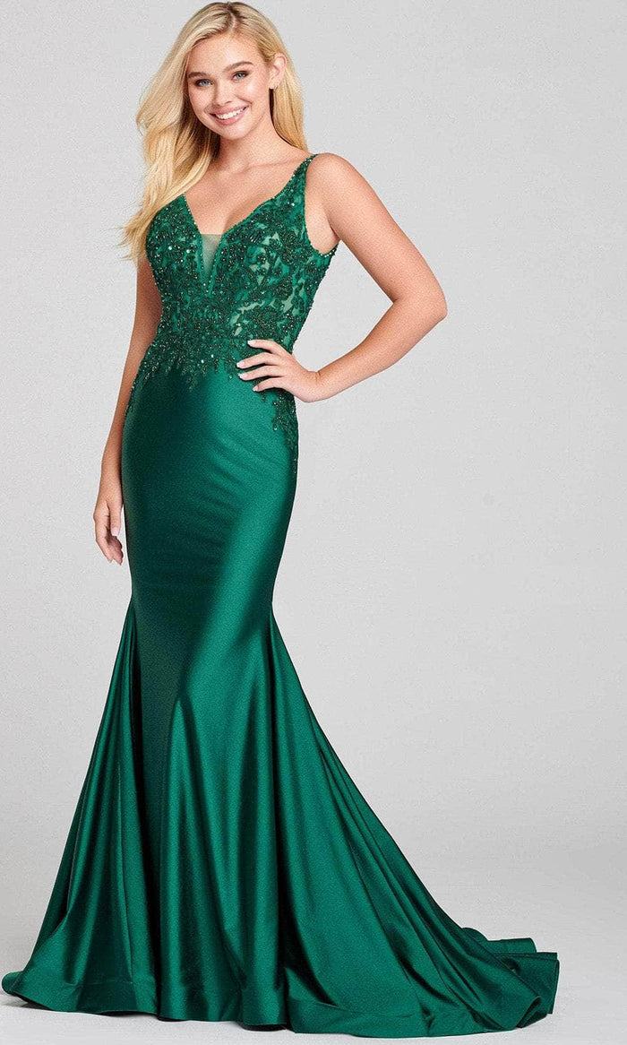 Ellie Wilde EW121009 - V-Neck Sleeveless Sequin Long Dress Prom Dresses 00 / Emerald