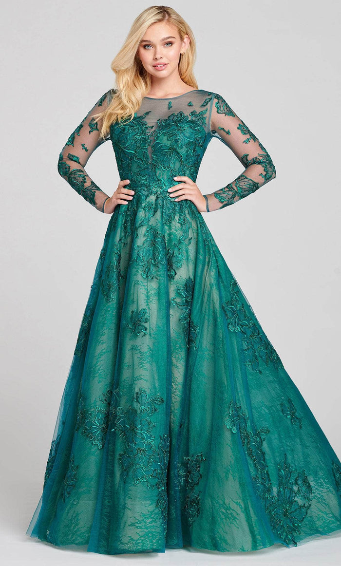 Ellie Wilde EW121013 - Illusion Embroidered Prom Dress Prom Dresses 00 / Emerald