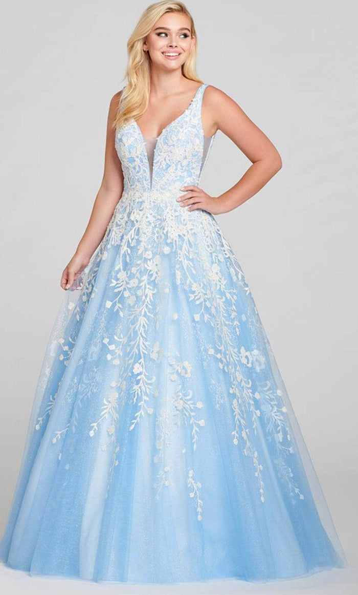 Ellie Wilde EW121028 - Side Cutouts Semi-Ballgown Prom Dresses 00 / Ice Blue/White
